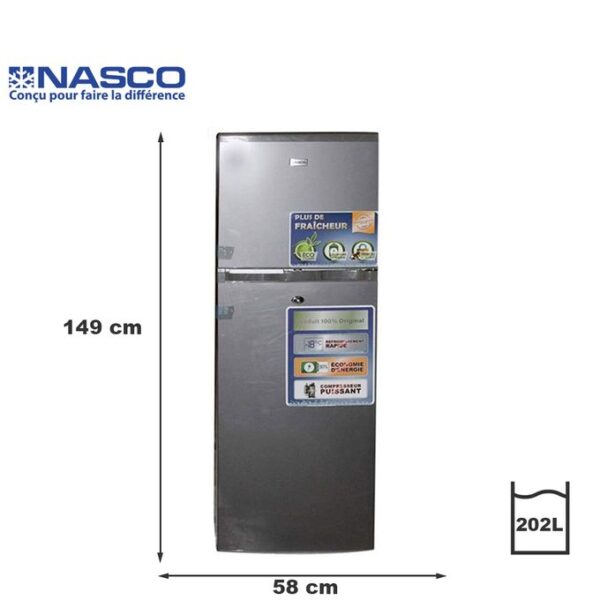 refrigerateur-nasco-double-porte-nasf2-250k-202l-net-158lt44lt-r600a-avec-cle-silver